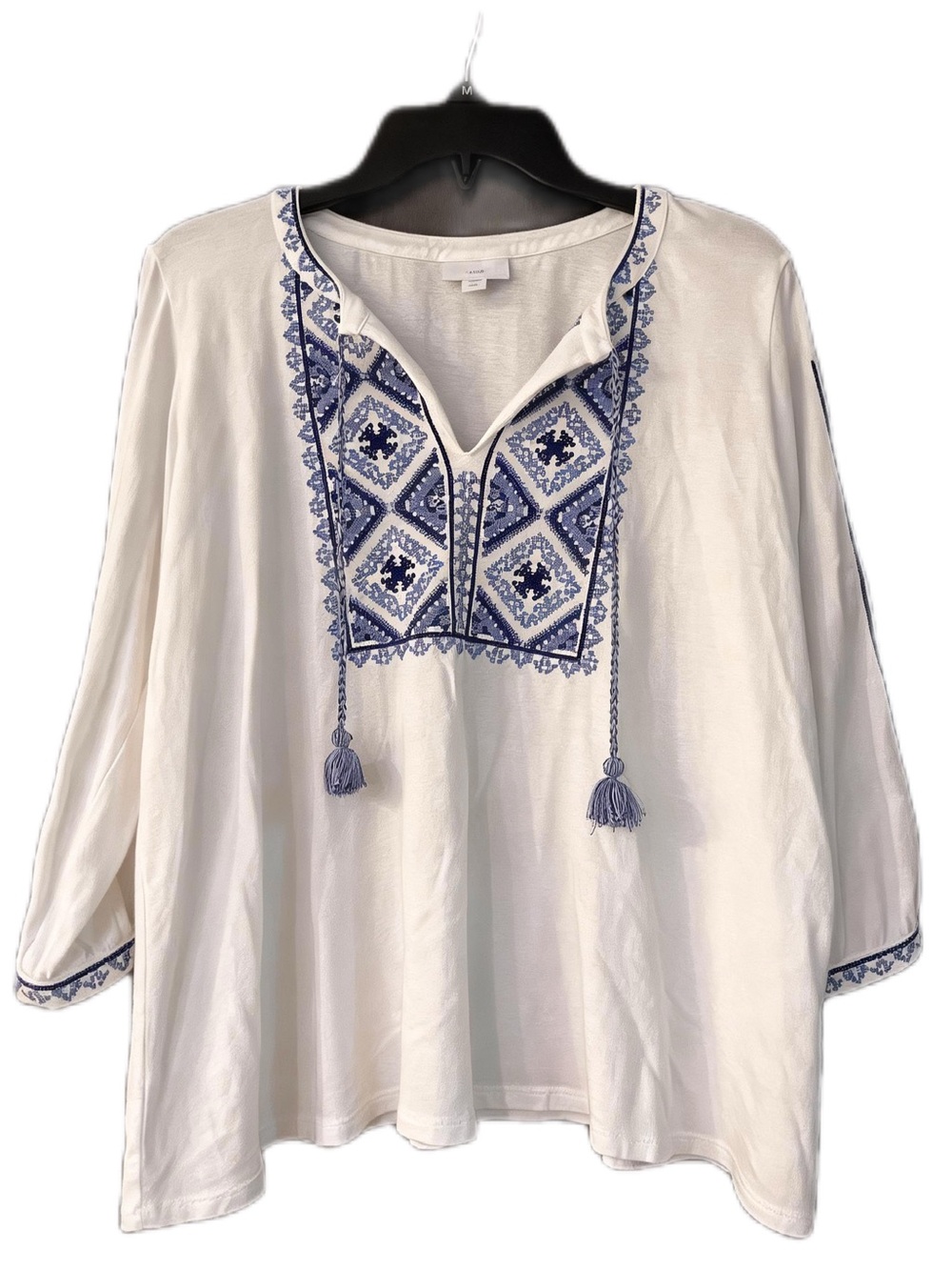 J. Jill White Peasant Tunic with Blue Embroidery and Tassels Boho Cotton Blend M